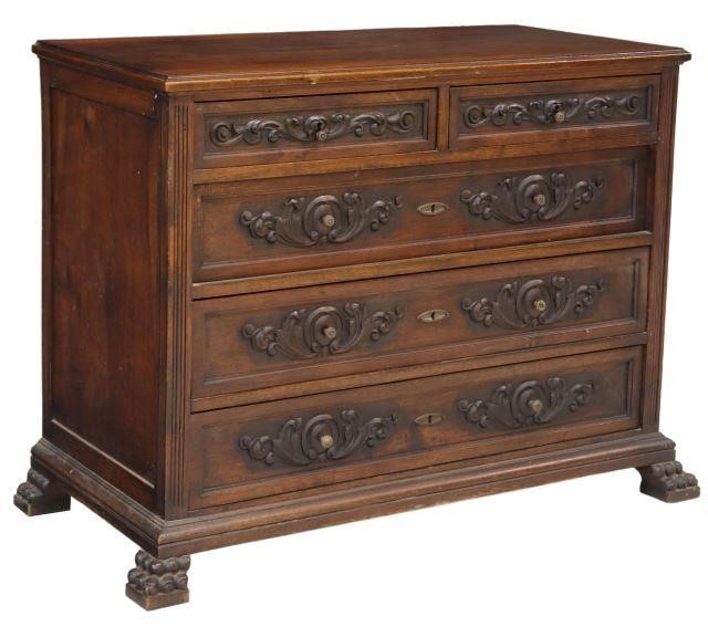 Appraisal: Spanish Baroque style walnut chest of drawers th c having