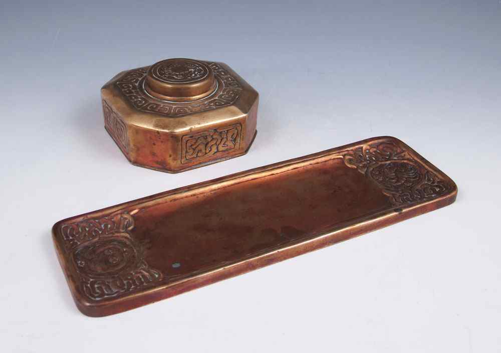 Appraisal: TIFFANY STUDIOS ZODIAC BRONZE INKWELL TRAY To include Inkwell with