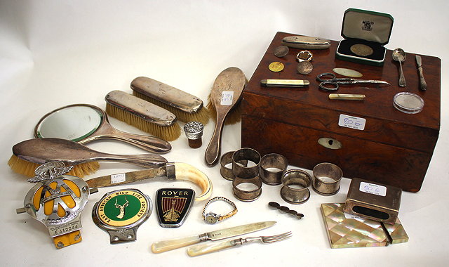 Appraisal: A WALNUT BOX containing various silver and other items to