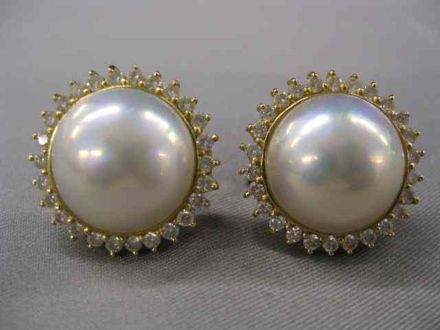 Appraisal: Mabe Pearl Diamond Earrings mm pearls surrounded by diamonds totaling