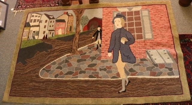 Appraisal: PICTORIAL HOOKED RUG DEPICTING BENJAMIN FRANKLIN ENTERING PHILADELPHIA MID TH