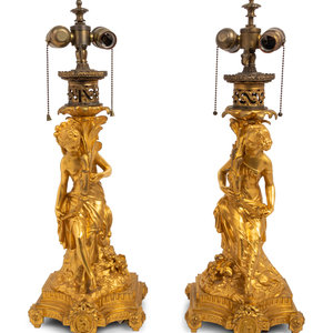 Appraisal: A Pair of French Gilt Bronze Figural Fluid Lamps Converted