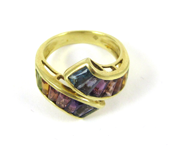 Appraisal: MULTI-COLOR GEMSTONE AND EIGHTEEN KARAT GOLD RING with two rows