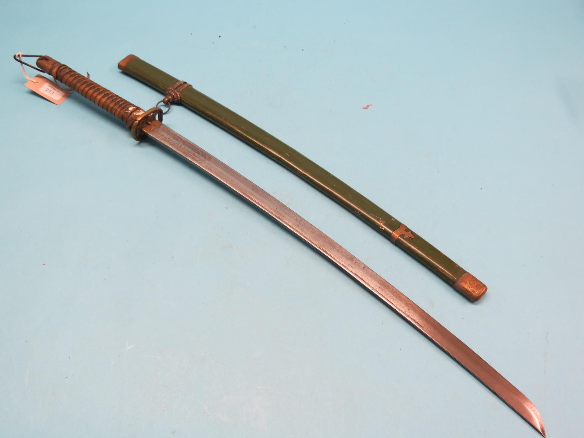 Appraisal: A Samurai sword in curved single-edged blade within green scabbard