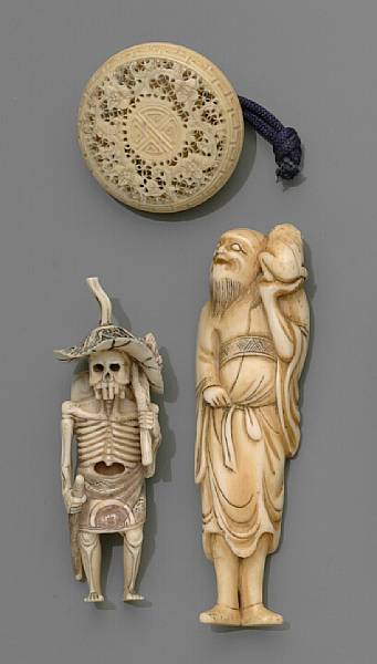 Appraisal: Three ivory netsuke The first a sashi netsuke of Gama