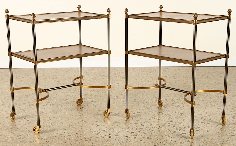 Appraisal: PAIR JANSEN BRASS STEEL LEATHER TOP SIDE TABLES A pair