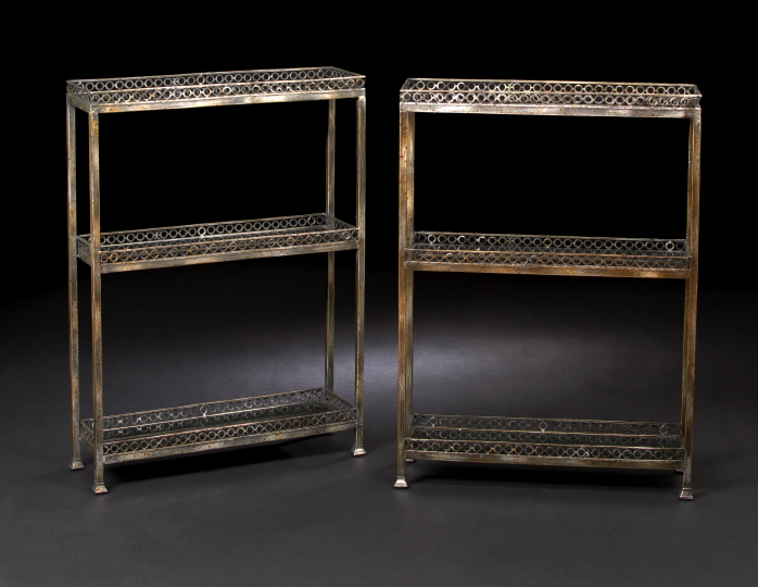 Appraisal: Stylish Pair of Galvanized Metal and Marble-Top Tiered Shelves each