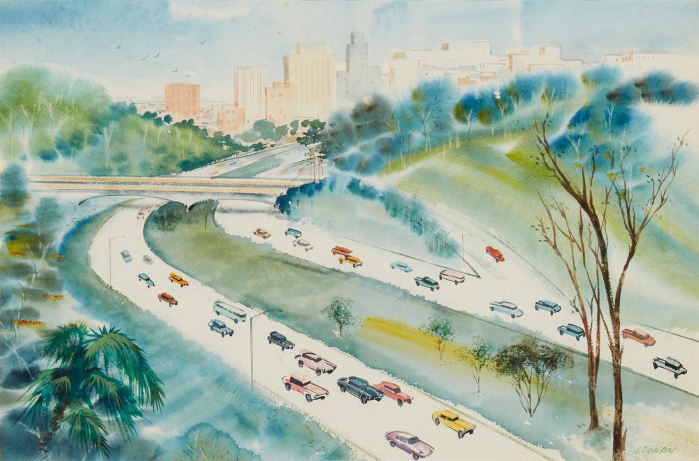 Appraisal: th Century American School Cars on a Los Angeles highway