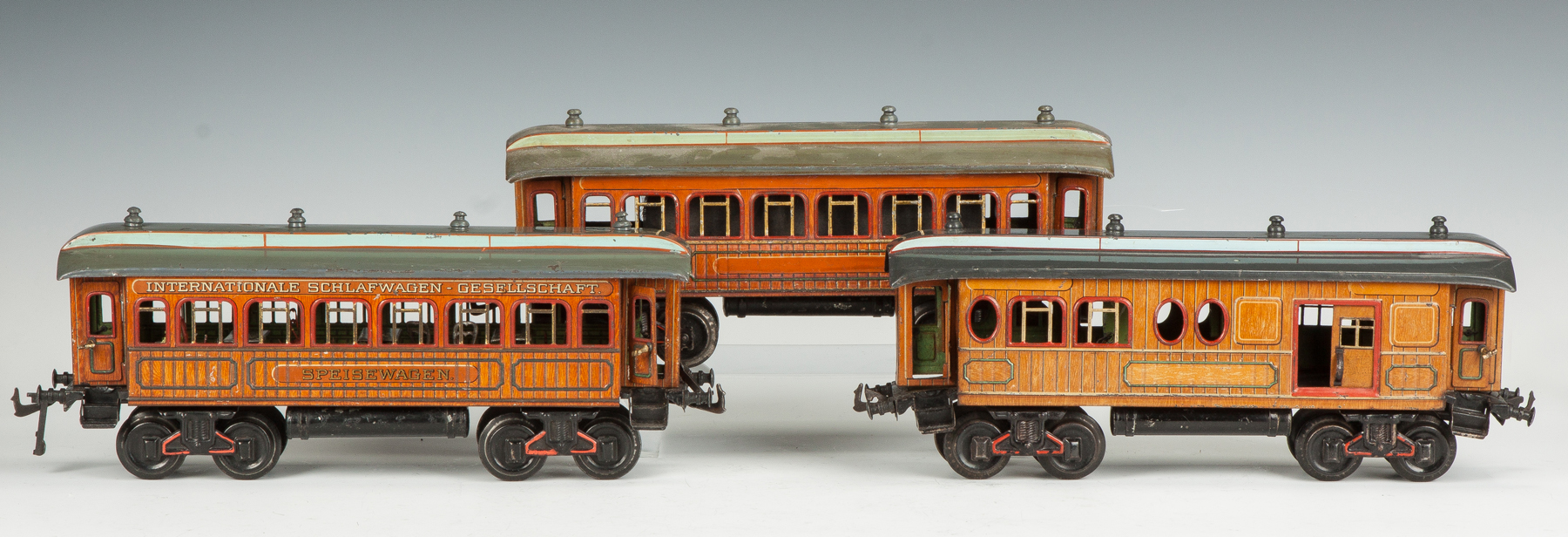 Appraisal: Three Bing Hand Painted Tin Train Cars Internationale Schlafwagen-Gesellschaft Speisewagen