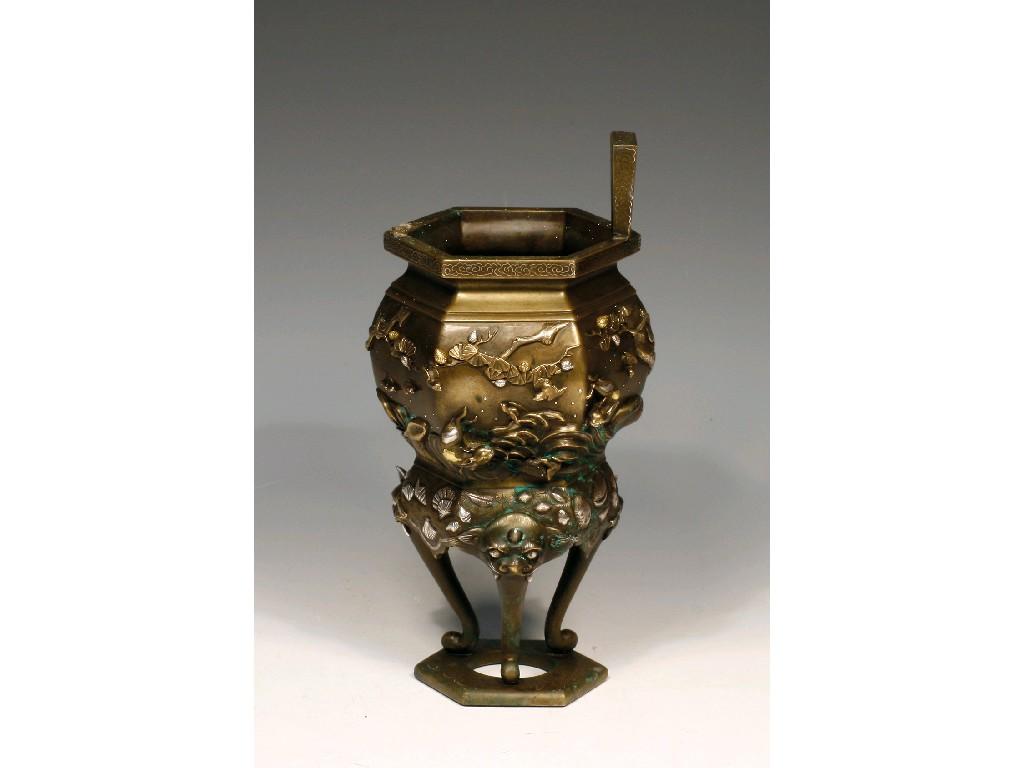 Appraisal: A JAPANESE BRONZE AND MIXED-METAL HEXAGONAL CENSER the body decorated