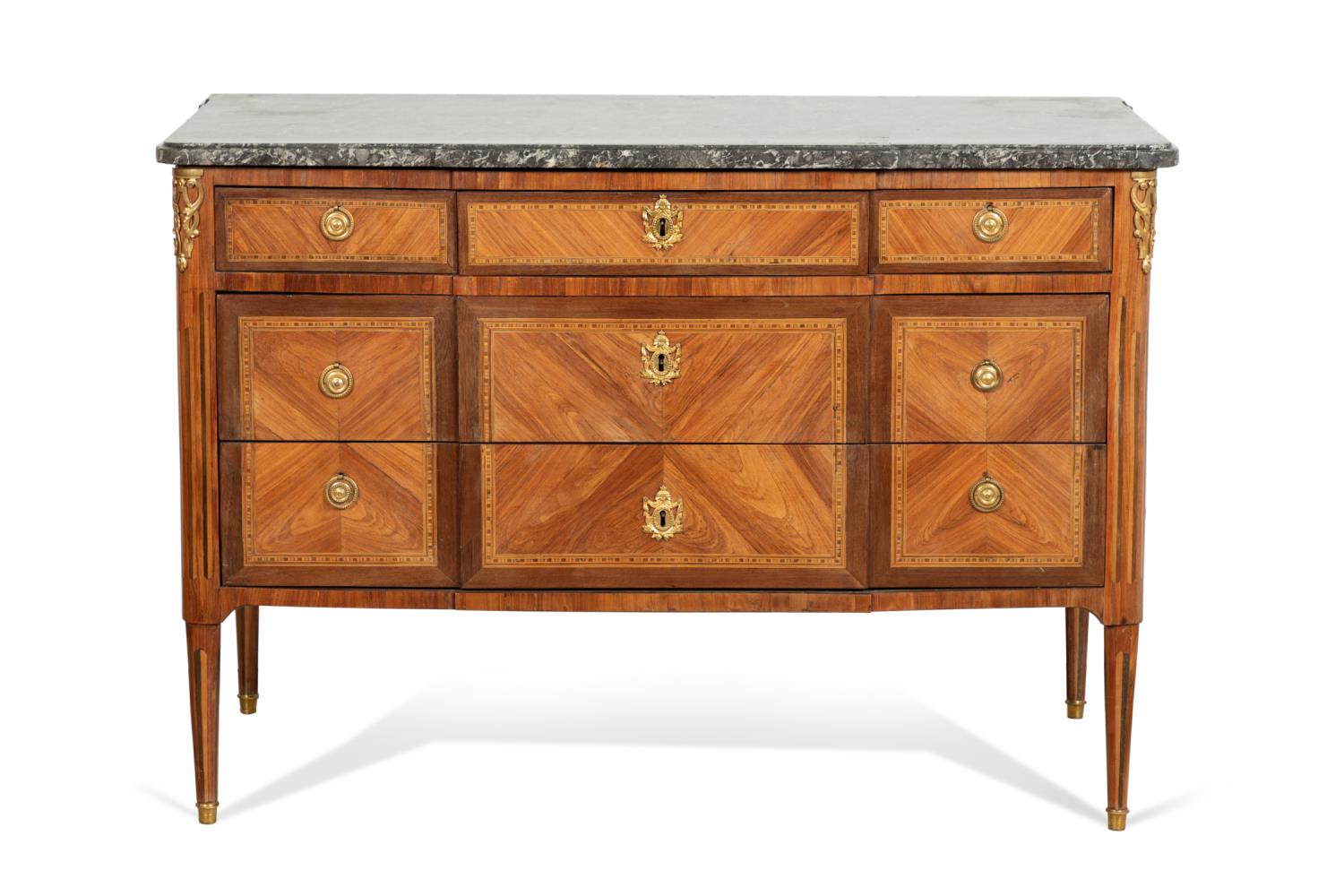 Appraisal: NEOCLASSICAL STYLE MARBLE TOP PARQUETRY COMMODE Continental possibly Italian marble