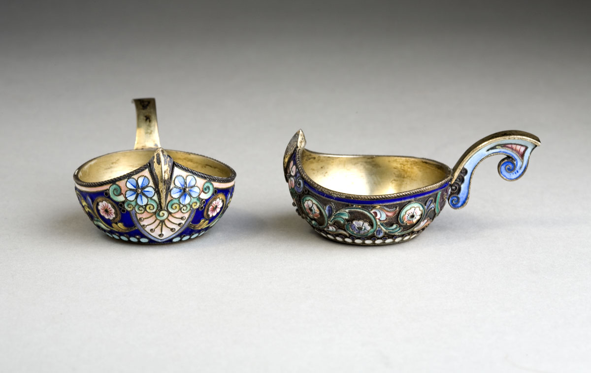 Appraisal: TWO RUSSIAN SILVER-GILT AND SHADED ENAMEL SMALL KOVSHI CYRILLIC MAKER'S