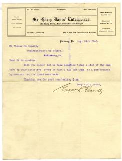 Appraisal: Houdini Harry Typed Letter to Superintendent of Police Pittsburg Regarding