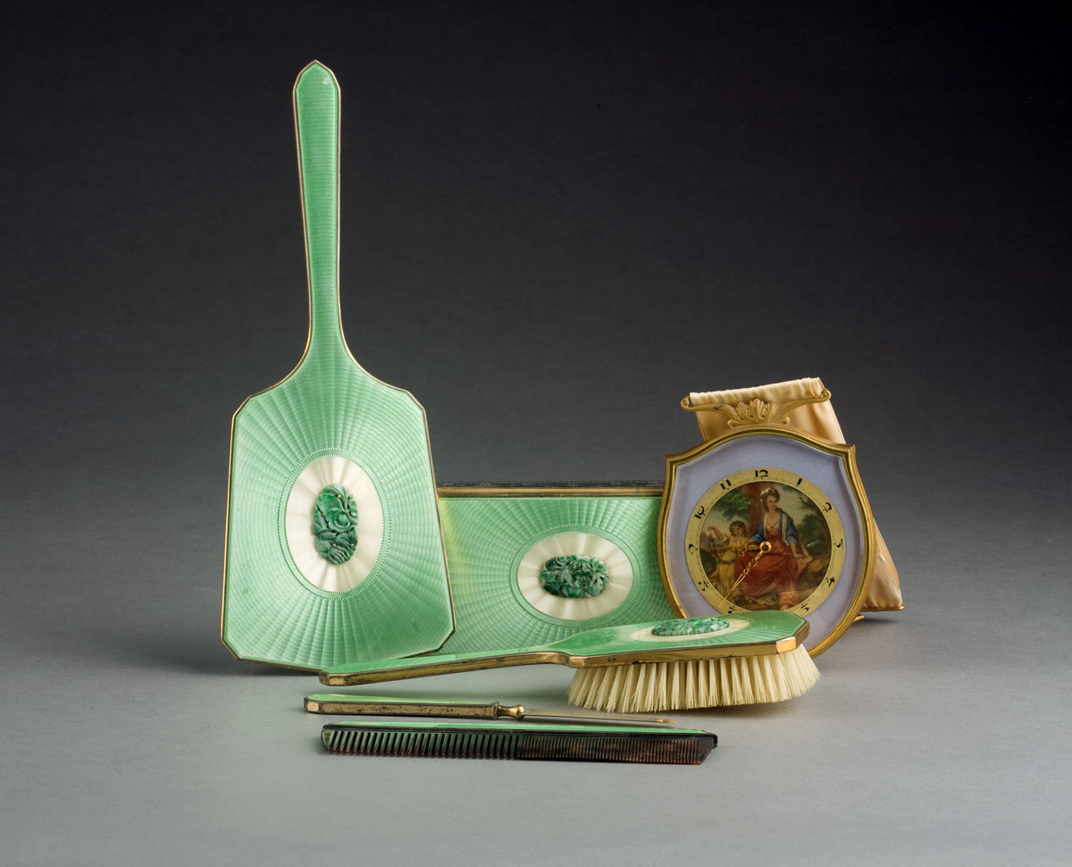 Appraisal: GREEN ENAMELLED FIVE-PIECE DRESSER SET WITH JADE MEDALLION AND A