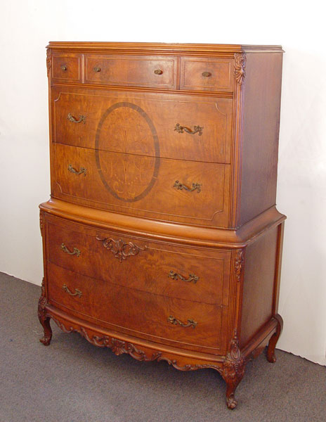 Appraisal: FRENCH MARQUETRY INLAY TALL CHEST Five drawer tall chest companion