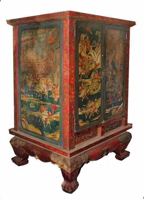 Appraisal: AN ORIENTAL PAINTED HARDWOOD CABINET of tapering form the two