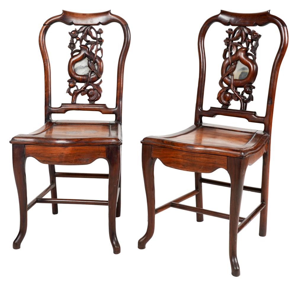 Appraisal: PAIR OF CHINESE EXPORT CARVED WOOD SIDE CHAIRSthe splats inset