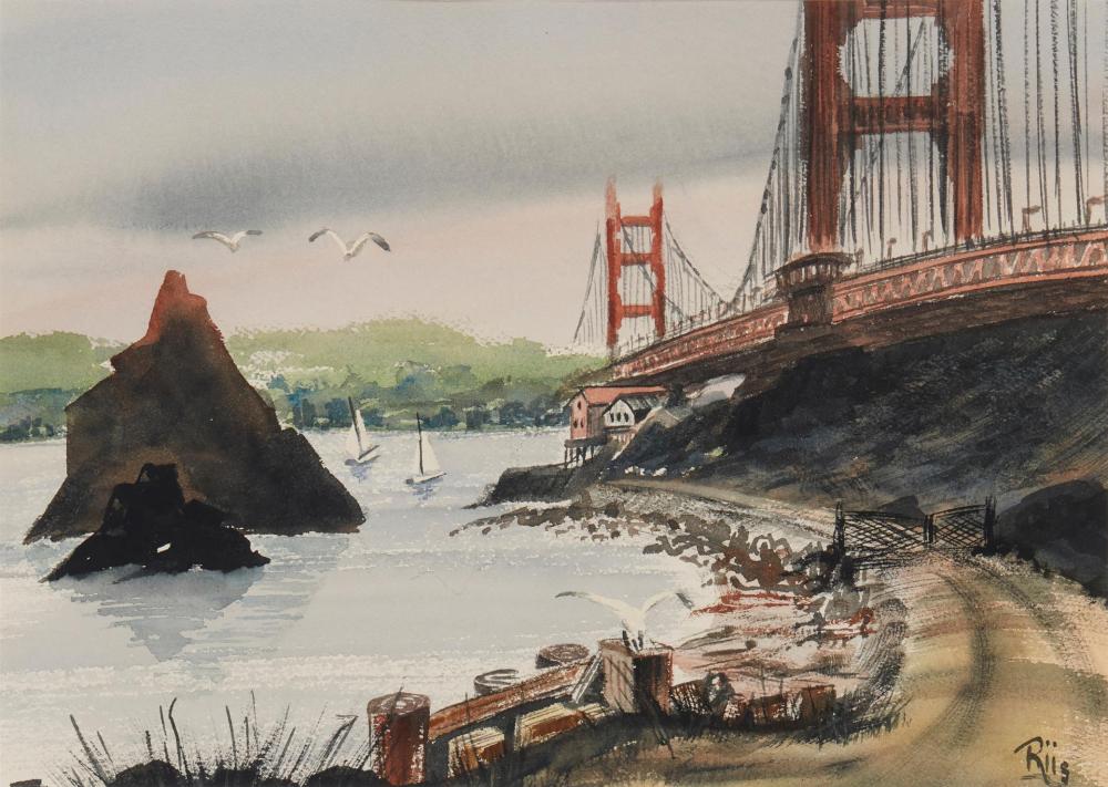 Appraisal: th Century American School Golden Gate Bridge Watercolor on paper