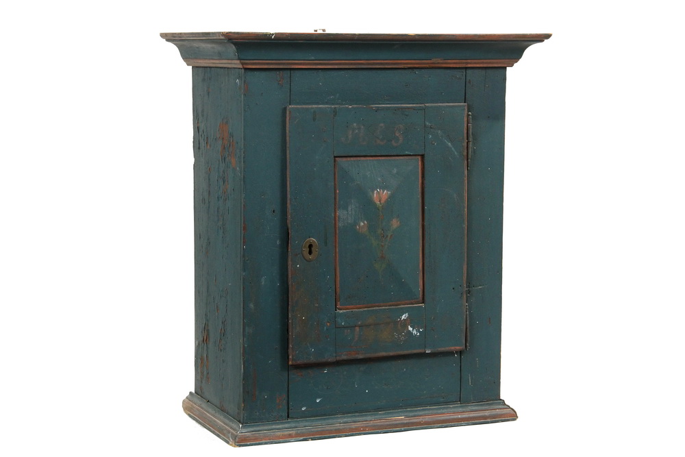 Appraisal: PAINTED COUNTRY WALL CABINET - Pine Cabinet in dumpcart blue