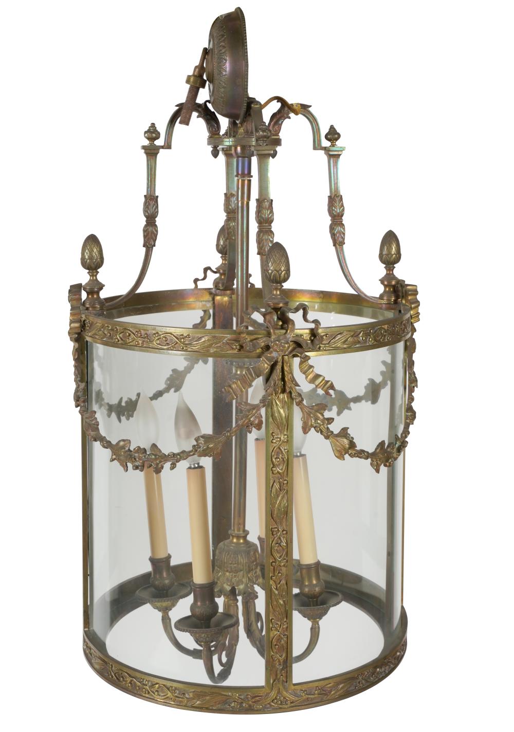 Appraisal: FRENCH NEOCLASSIC GILT METAL LANTERN CEILING FIXTUREcylindrical with four glazed