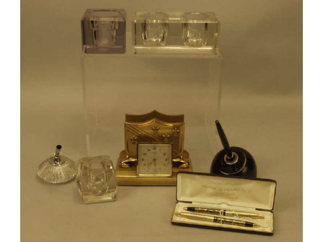 Appraisal: Collection of desk top items including antique heavy glass inkwells