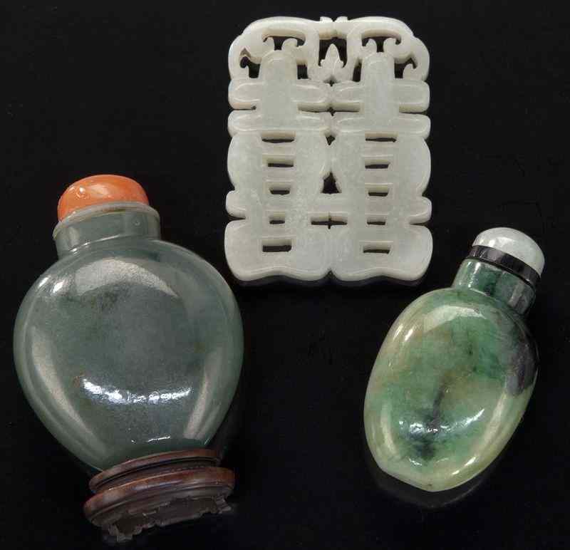 Appraisal: Pcs Chinese Qing carved jade jadeite jade jadeite snuff bottles