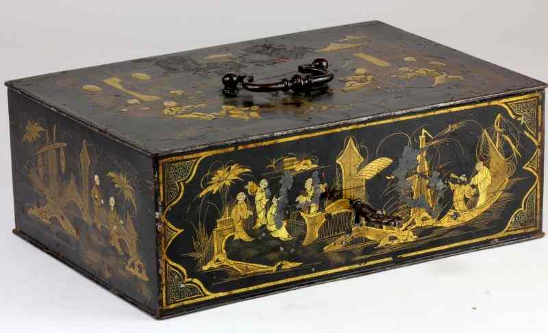 Appraisal: th Century Iron Chinese Strong BoxChinoiserie style iron box hinged