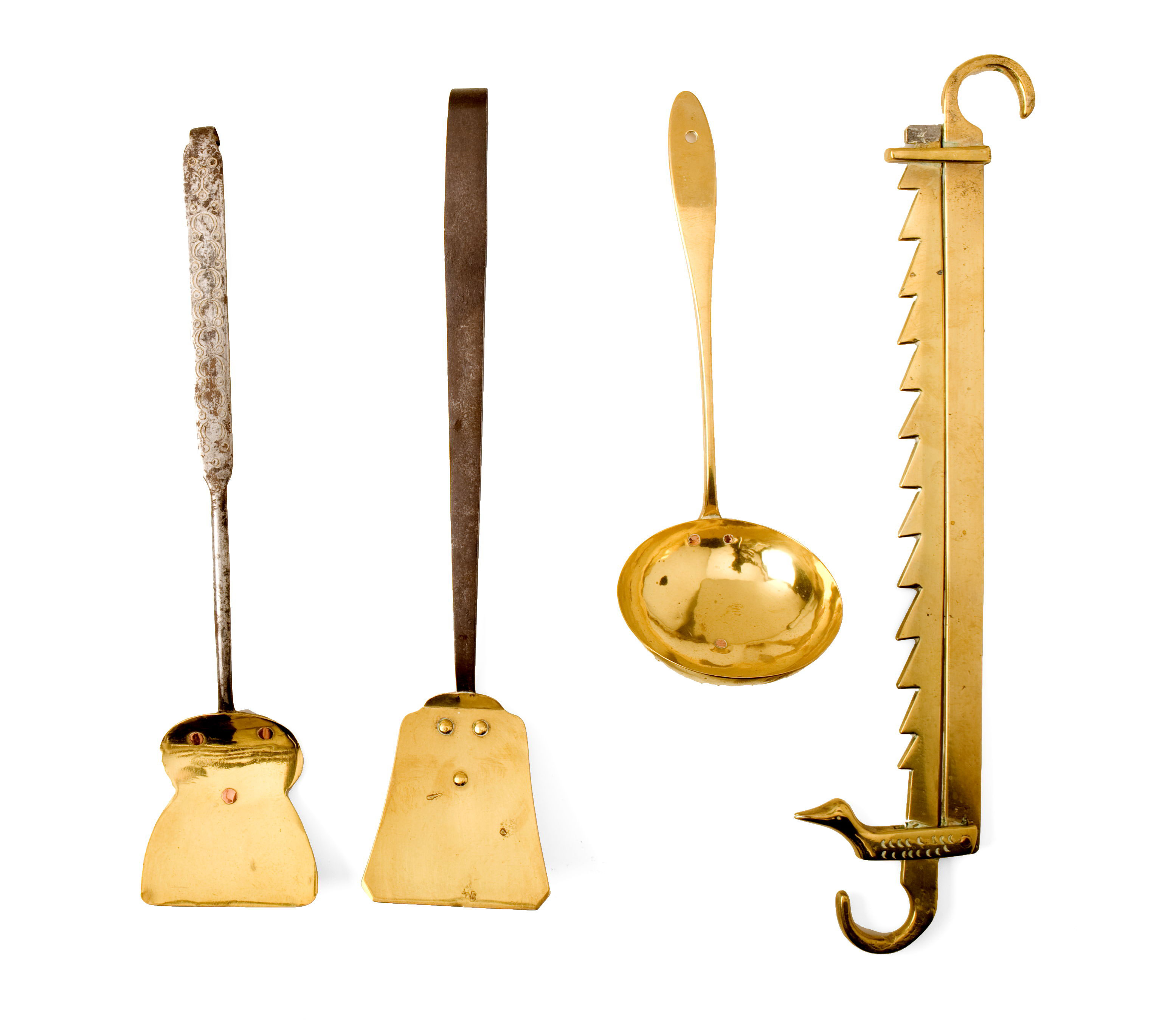 Appraisal: FOUR EARLY BRASS AND IRON KITCHEN UTENSILS Comprising a brass