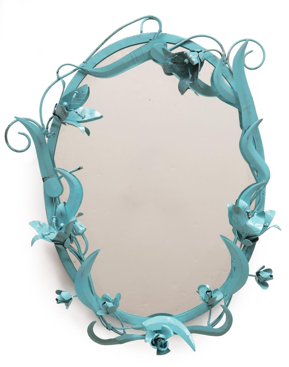 Appraisal: Decorative Painted Metal Frame Oval Mirror lily and vine surround