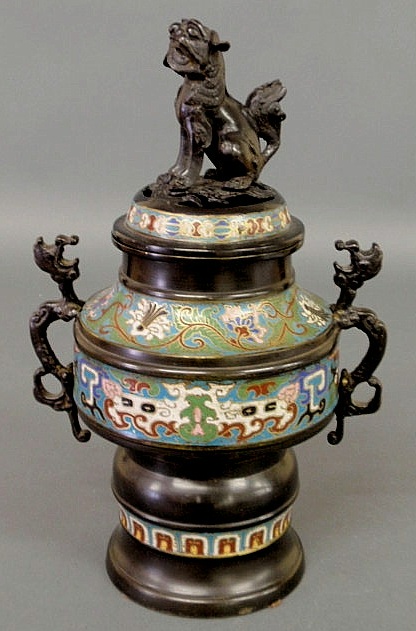 Appraisal: Chinese champlev koro incense burner with Foo dog finial and