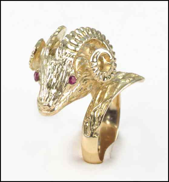 Appraisal: KARAT YELLOW GOLD AND RUBY RAM'S HEAD RING Attributed to