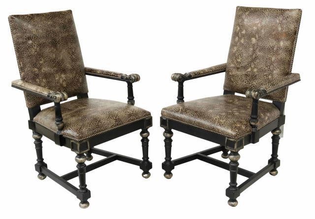 Appraisal: pair Highback armchairs late th c in leather upholstery with