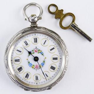 Appraisal: Circa English Birmingham Engraved Sterling Silver Pocket Watch with Enamel