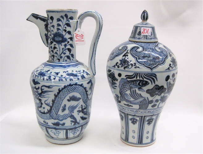 Appraisal: TWO CHINESE GLAZED POTTERY PIECES having blue decoration on white