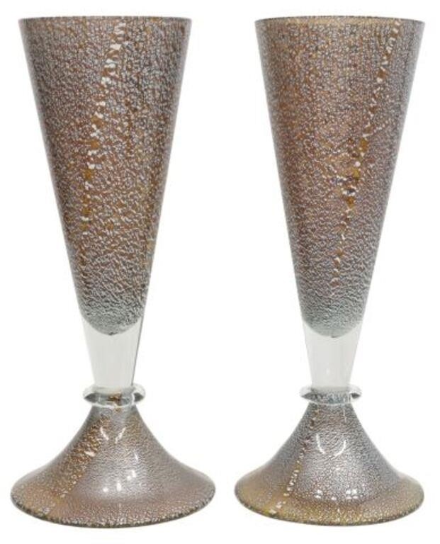 Appraisal: pair Modern art glass trumpet vases with silver flecks on