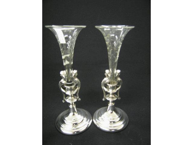 Appraisal: Pair of Victorian Silverplate Bud Vases mermaid style decor etched