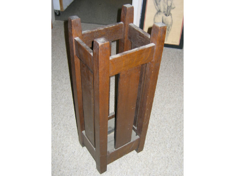 Appraisal: OAK ARTS CRAFTS UMBRELLA STAND of openwork with four square