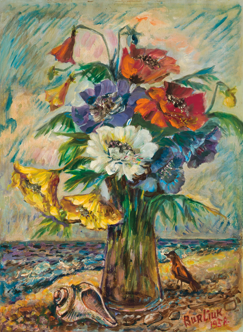 Appraisal: DAVID BURLIUK Russian American - Flowers on a Beach oil