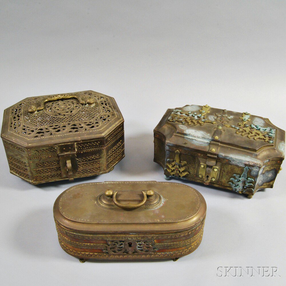 Appraisal: Three Metalwork Boxes India th th century an octagonal-form box