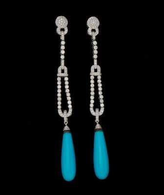 Appraisal: A Pair of Extra Long Turquoise and Diamond Earrings Eli