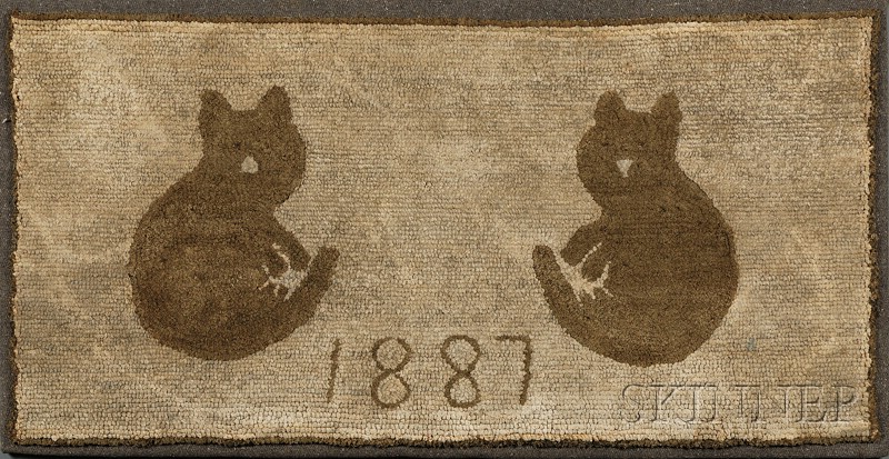 Appraisal: Cotton Hooked Rug with Two Cats and Dated America mounted