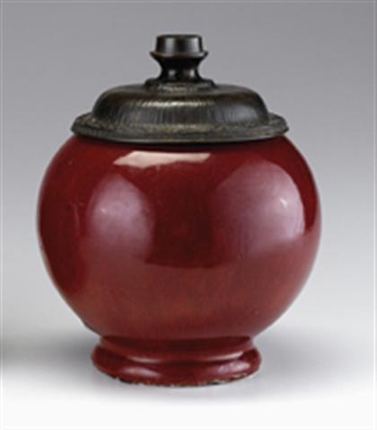 Appraisal: Chinese langyao glazed jar and bronze cover qing dynasty Of