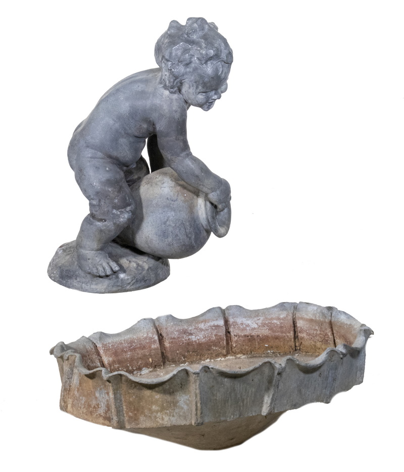 Appraisal: PC LEAD GARDEN PUTTO WITH SEPARATE LEAD BASIN Early th