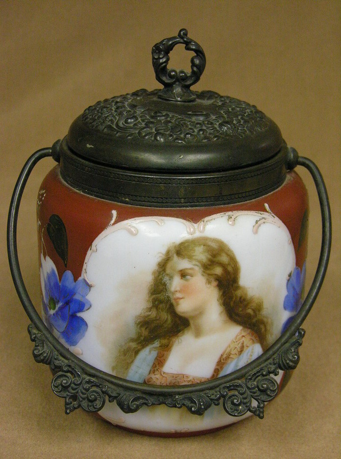 Appraisal: VICTORIAN BRISTOL GLASS PORTRAIT BISQUIT JAR Hand painted and has