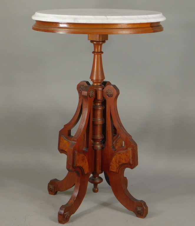 Appraisal: C VICTORIAN AESTHETIC MAHOGANY BURL VENEER STAND United States Late