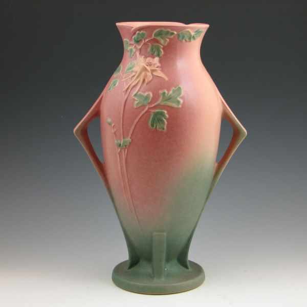 Appraisal: Roseville Columbine handled vase in pink and green Marked Roseville