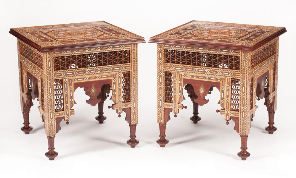 Appraisal: Pair of Moorish Bone Inlaid Hardwood Side Tables molded top