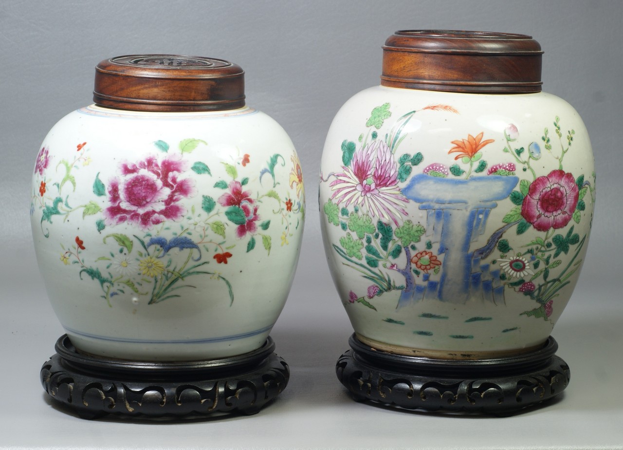 Appraisal: Chinese porcelain Famille Rose ginger jars with pierce carved rosewood