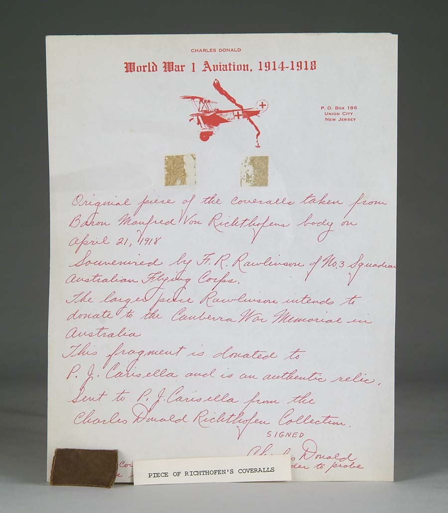 Appraisal: SWATCH OF MATERIAL FROM VON RICHTHOFEN S FLYING COVERALLS A