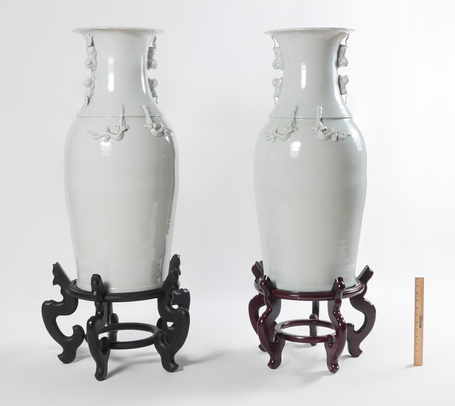 Appraisal: PAIR CHINESE CELADON FLOOR VASES WITH STANDS Baluster form with